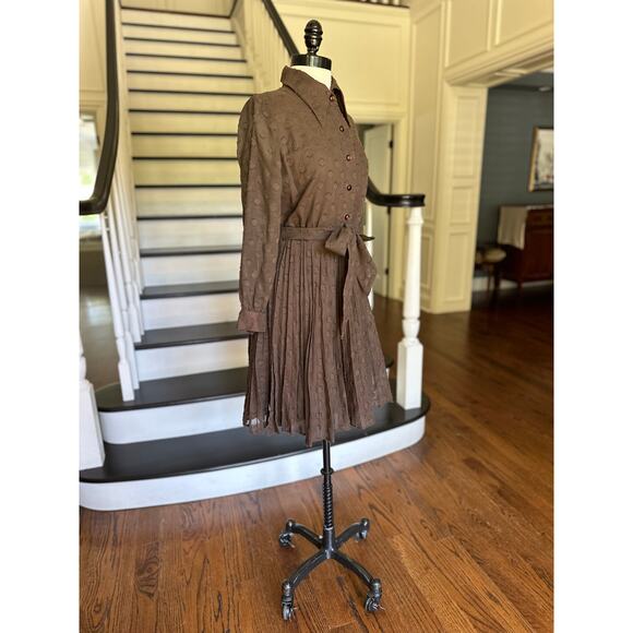 Vintage 60s Brown Voile Pleated Dress Mod Groovy Indie Alternative Punk Festival - Picture 7 of 14